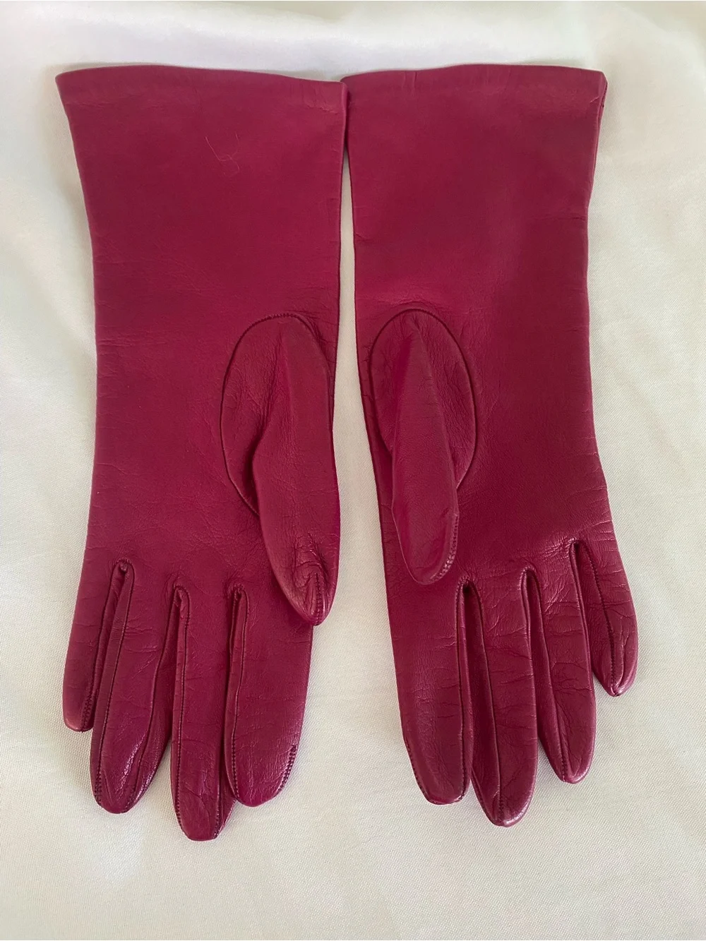 Neiman Marcus Women's Leather Mid-Forearm Length Silk Lined Gloves in Raspberry